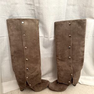 Stuart Weitzman Spats Suede Button Knee High Boots Taupe